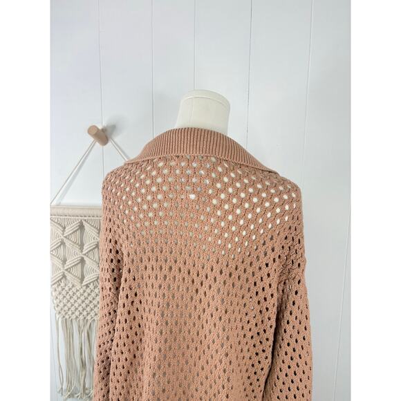 Aerie Tan Oversized Open Knit Polo Sweater Size Medium - Picture 8 of 10